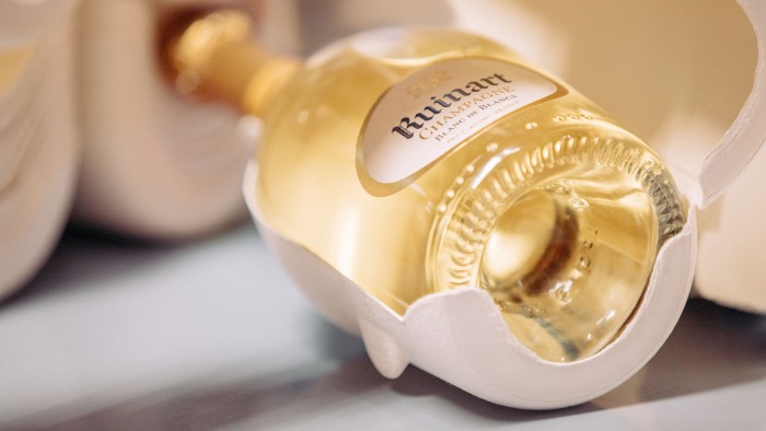 The Ruinart Sleeve bottle wrap is made from recyclable wood fibres 