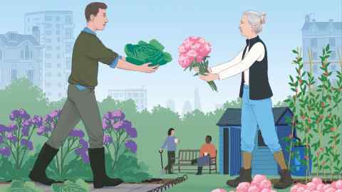 Illustration of two people exchanging a bouquet of flowers and a handful of vegetables with each other
