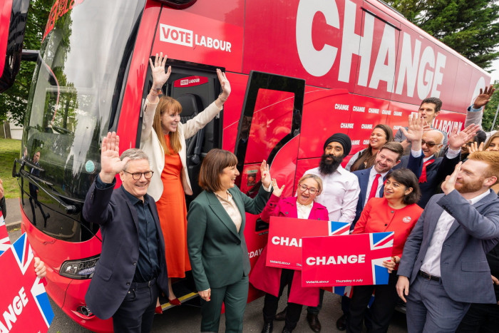 Keir Starmer, deputy Labour party leader Angela Rayner and shadow chancellor Rachel Reeves launch Labour’s campaign bus at Uxbridge College on June 1 2024