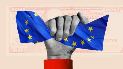 Montage image of a hand clutching an EU flag