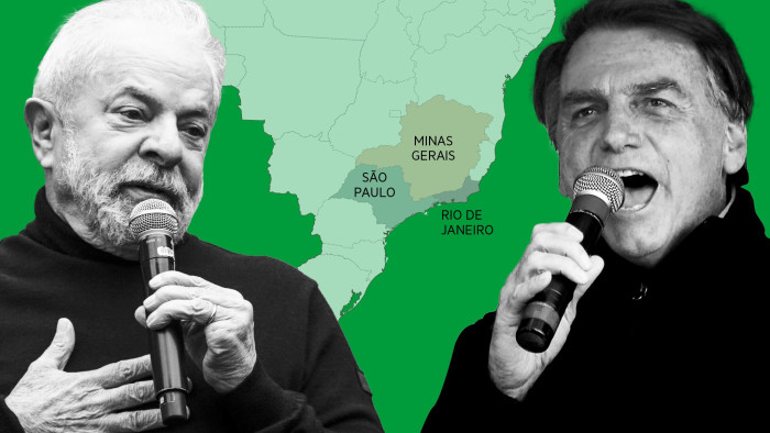 Luiz Inácio Lula da Silva and Jair Bolsonaro, and a map of Brazil