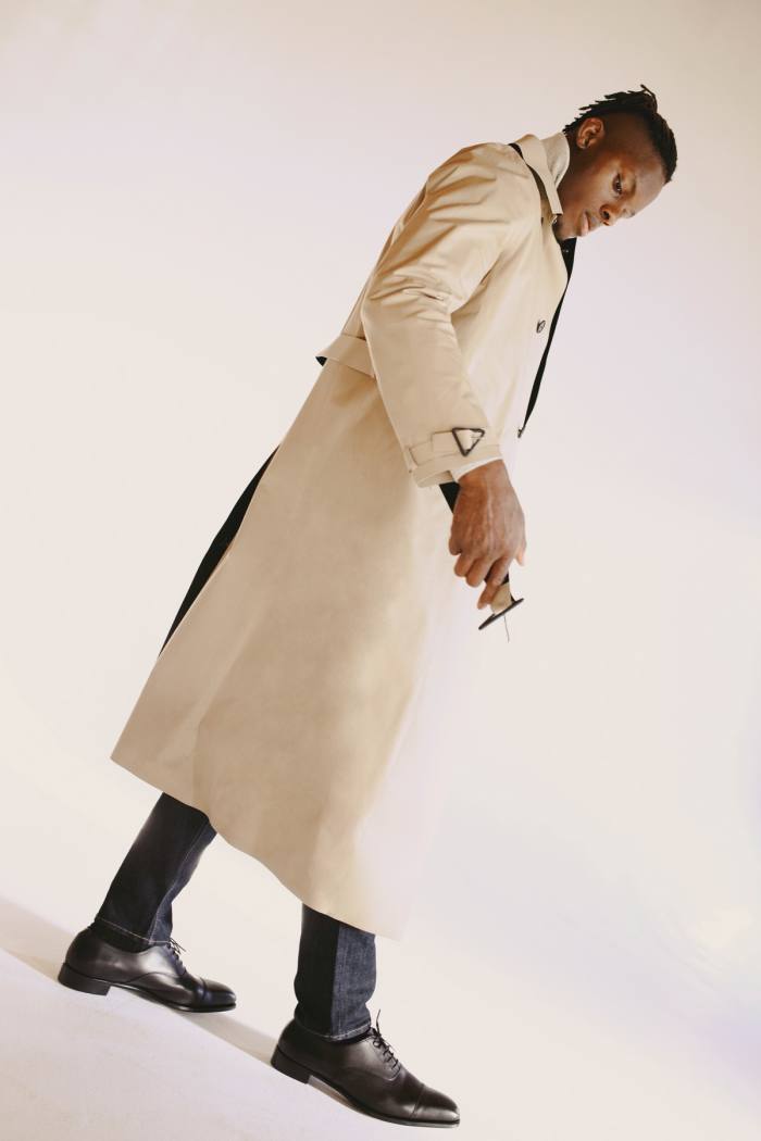 Bottega Veneta polyester and cotton trench coat, £2,095, from matchesfashion.com. Tom Ford cashmere turtleneck, £850. Levi’s cotton 512 jeans, £95. George Cleverley calfskin shoes, £525