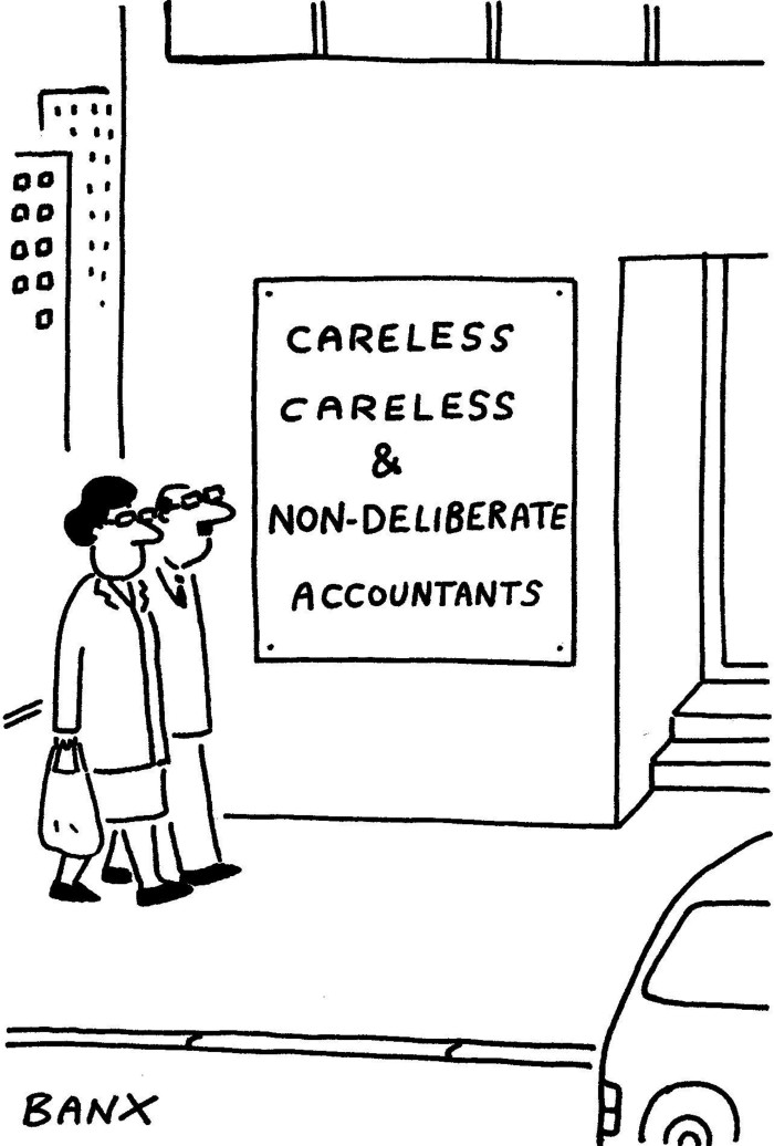 Cartoon of a man and a woman walking past an accountants’ office