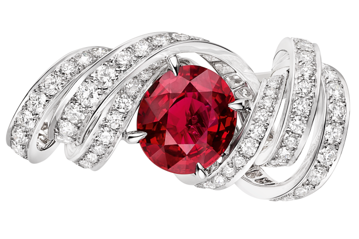 White-gold, diamond and Vivid Red Mozambique ruby Torsade de Chaumet ring, POA