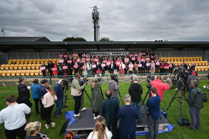 Starmer delivers a stump speech to supporters during a campaign visit to Hucknall Town Football Club in Nottingham on July 2 2024