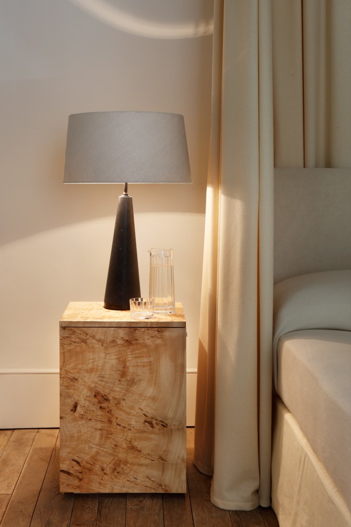 Rose Uniacke poplar-burr cabinet, £3,300, and marble Cone lamp, £3,120 (excluding lampshade)