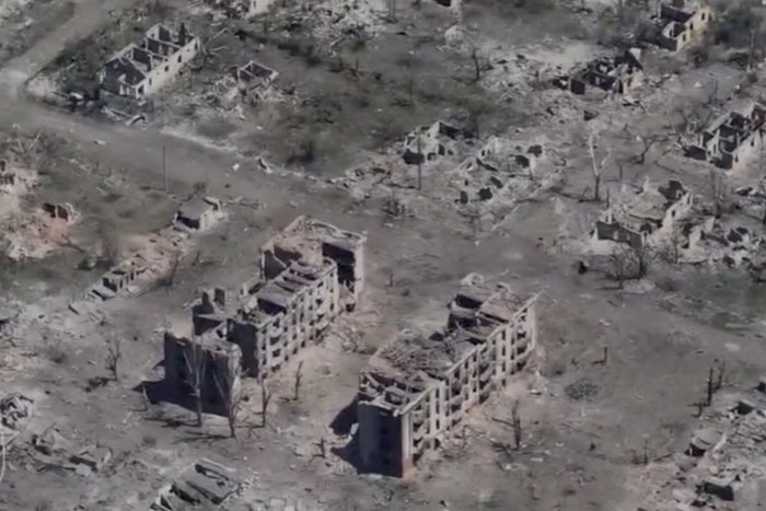 A drone view shows destroyed buildings in Chasiv Yar