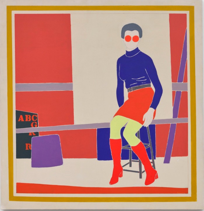 In a pop art painting, a woman wearing a blue turtleneck jumper and bright red miniskirt, sunglasses and boots sits on a stool in a geometric composition