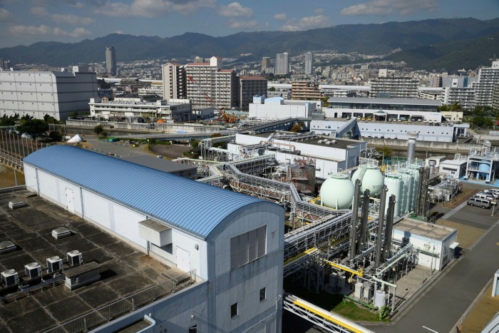 Biogas storage tanks at the Higasinada sewage treatment plant in Kobe, Japan. Converting the country’s 100m-tonne-a-year steel industry to green hydrogen would require more than twice its total renewable energy supply as of today, according to BHP