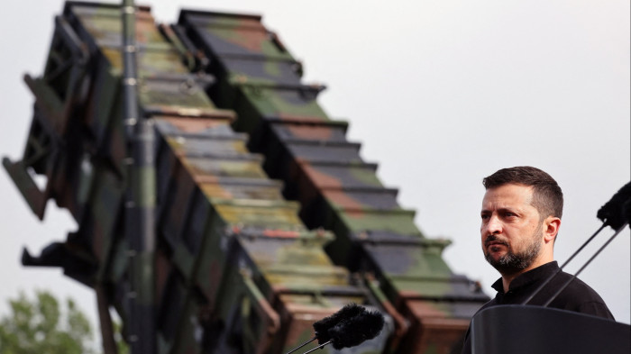 President Volodymyr Zelenskyy at a military base in Germany earlier this month where Ukrainian soldiers are being trained to use the Patriot air defence system