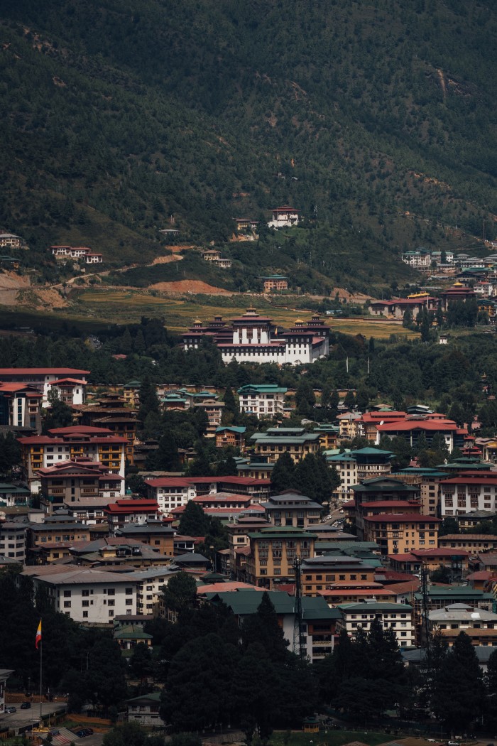 The town of Thimpu, with the monastery of Tashichho Dzong on its northern edge