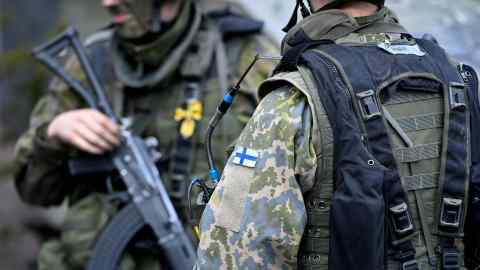 Finnish soldiers take part in an exercise in Kankaanpaa, Western Finland, on May 4