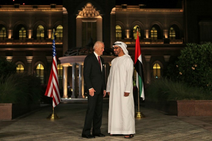 Joe Biden, then US vice-president, meets with Sheikh Mohammed bin Zayed Al Nahyan, Crown Prince of Abu Dhabi, at the Emirates Palace in Abu Dhabi in 2016