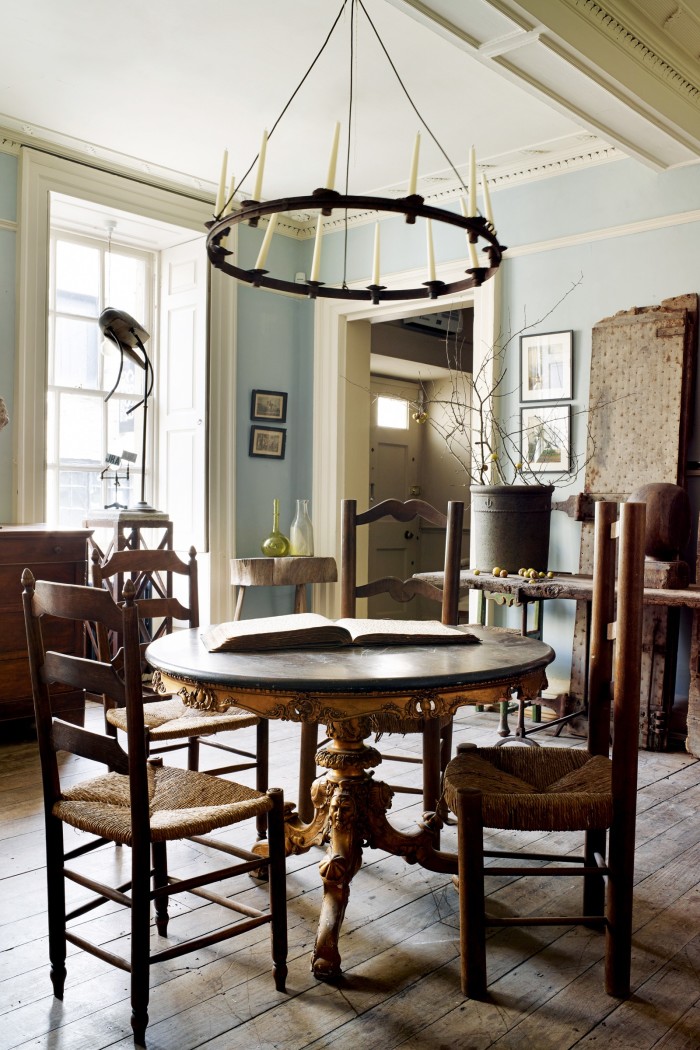 An iron candle chandelier, £750, and (against wall) a pair of 17th-century French château doors, £6,500