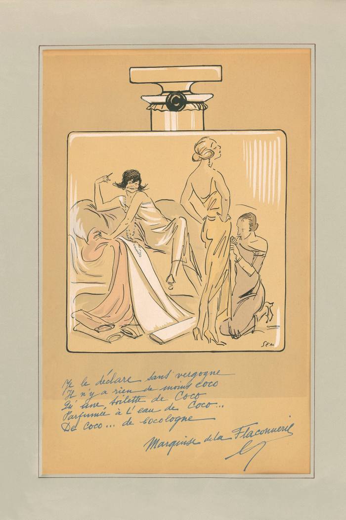 A 1923 cartoon depicting Chanel on a No 5 bottle