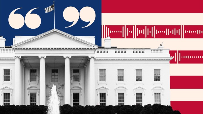 Montage of US flag, White House, quotation marks and visual representation of sound levels 