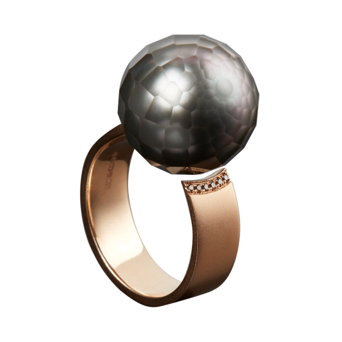 Sonia Cheadle bespoke rose-gold, diamond and dark-grey Tahitian pearl Spinning I ring, from £6,500