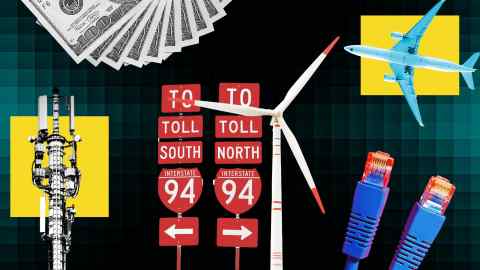 montage of images of toll road signs, dollar bills, mobile phone masts, wind turbine, telecom cables and an airplane
