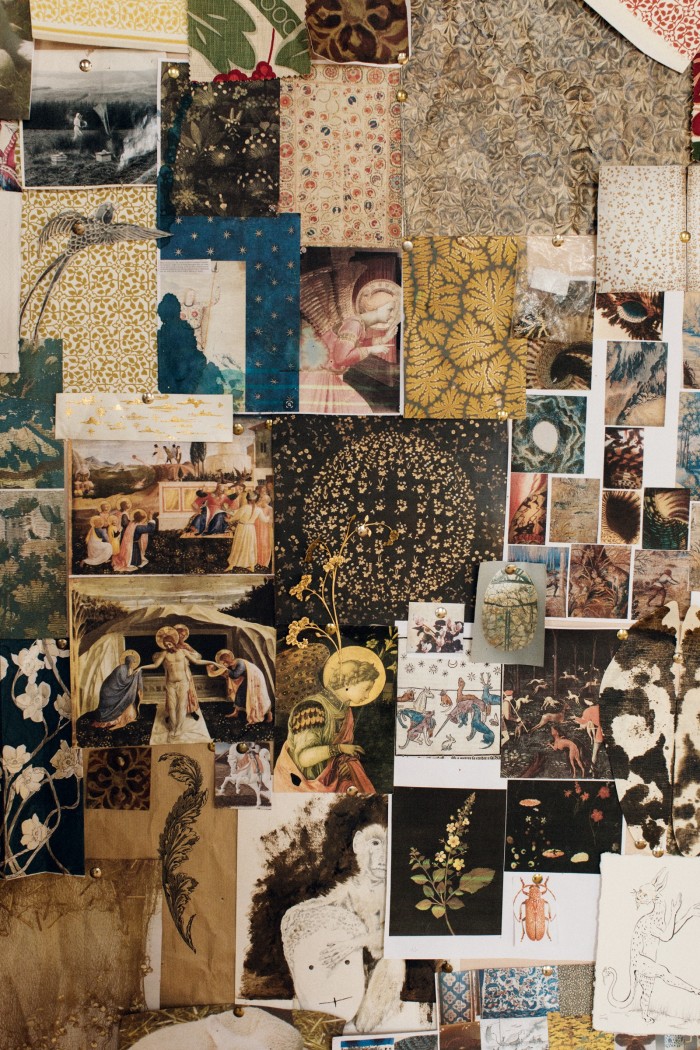 The studio pinboard includes gilded forget-me-nots, Renaissance paintings and wallpaper scraps from Sophie’s Soane Britain collection