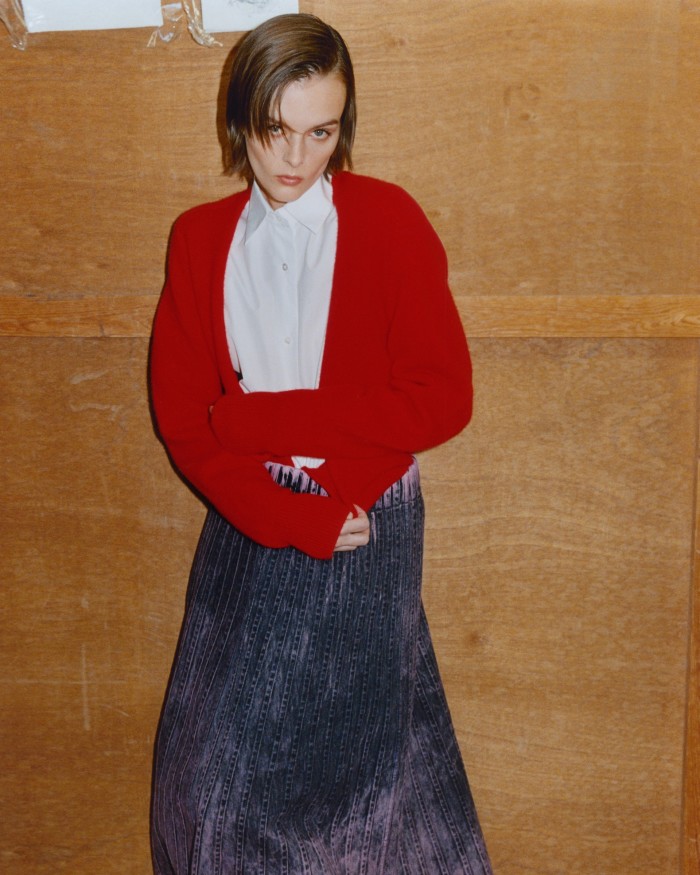 The Row cashmere jumper, £2,164, and cotton poplin Blaga shirt, £850. Stefan Cooke cotton panelled skirt, £995