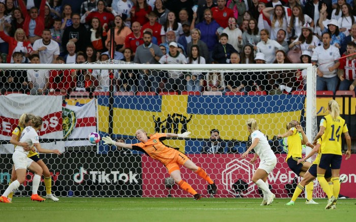England’s Beth Mead scores the opening goal against Sweden on Tuesday