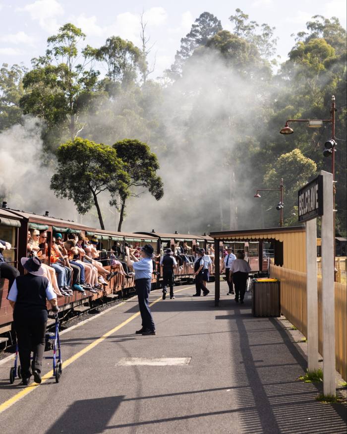 The Puffing Billy steam train heading out of Belgrave station