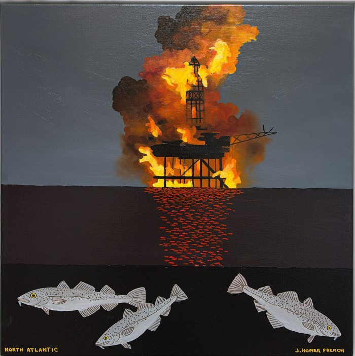 A painted depiction of an oil platform on fire in the ocean features three fishes in the foreground and the text ‘North Atlantic’