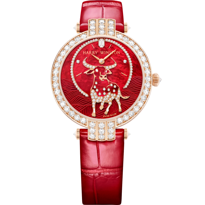 Harry Winston Premier Chinese New Year Ox Automatic 36mm: mother-of-pearl dial with diamonds in an 18ct rose-gold case, £48,400. Limited edition of eight