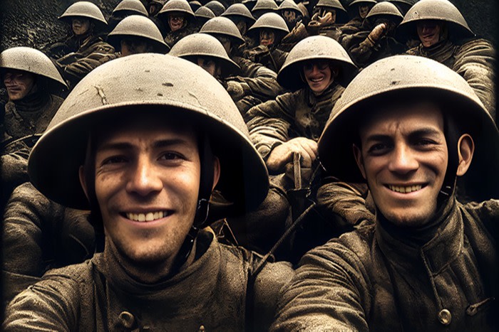 Selfies: soldiers of the first world war taking a selfie in the trenches