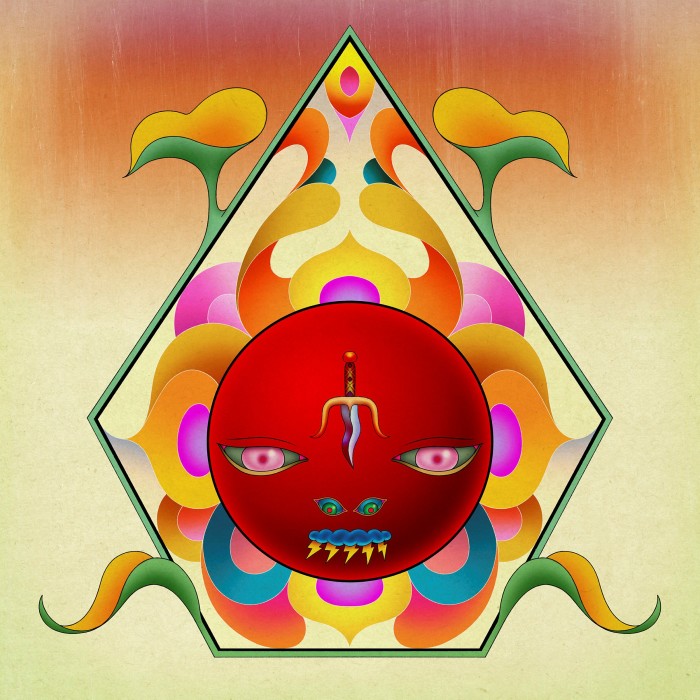 A digital image of a round red face inset in brightly coloured polygons with a diamond outline 