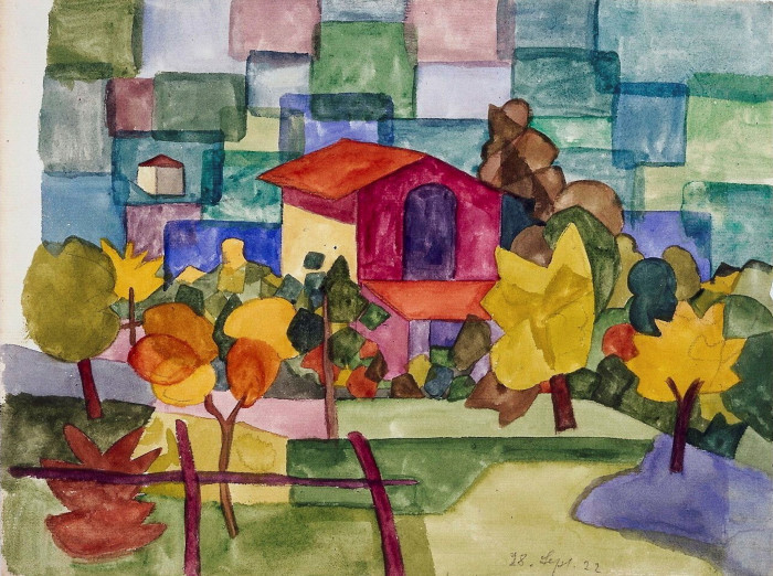 In a watercolour scene, a red and purple house surrounded by autumnal trees, plants and clouds is the focus of a geometric composition