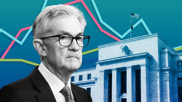 Montage image of Jay Powell and the US Fed’s building with chart lines