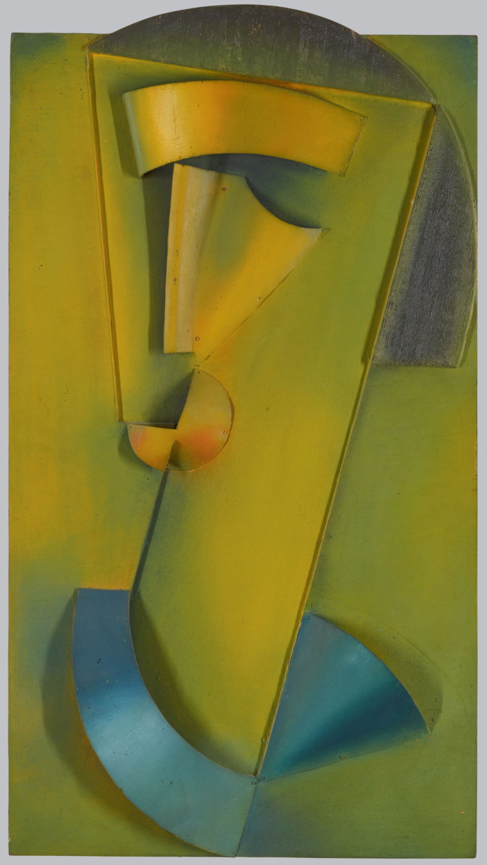 An abstract-ish painting of an elongated yellow-gold face turning to one side