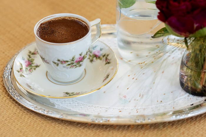 Turkish coffee and a glass of sparkling water to start the day