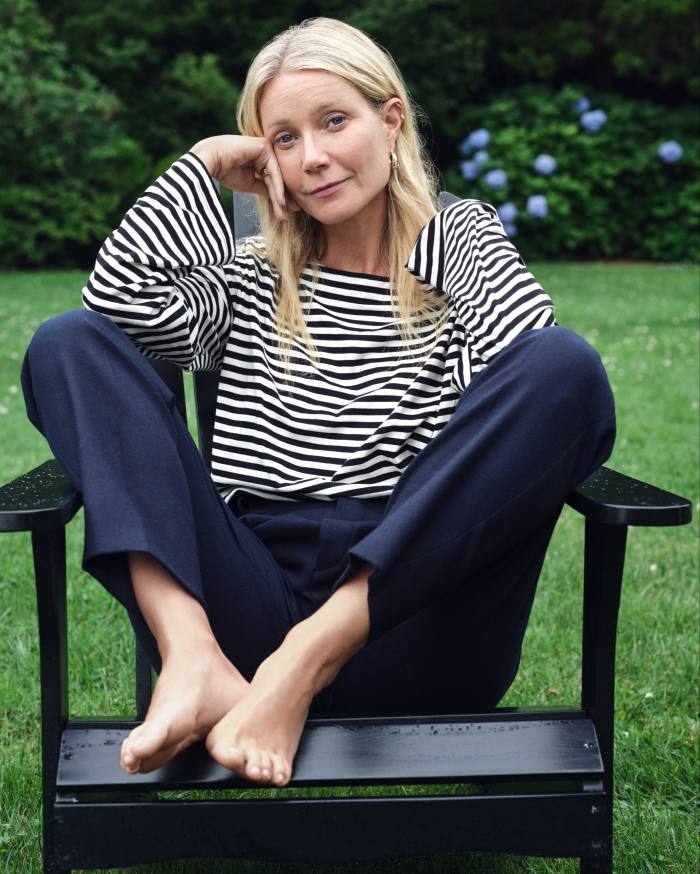 G Label by Goop cotton Marney French-striped shirt, $245. Gucci cashmere twill full canvas trousers, £475