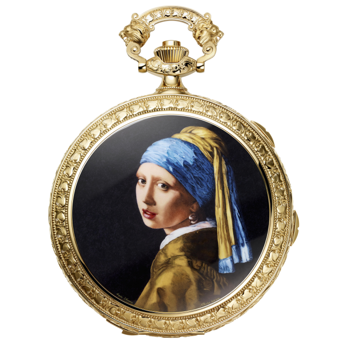 Vermeer’s Girl with a Pearl Earring has been enamelled in miniature on the caseback by Anita Porchet