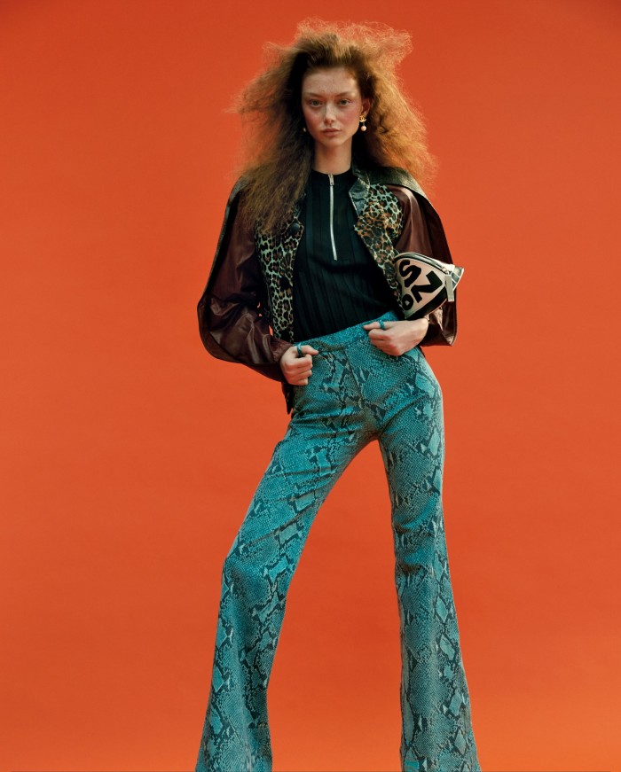 Jacket: Balenciaga by Nicolas Ghesquière pre-fall 2012, POA, from Alexander Fury Archive. Top: Céline by Phoebe Philo s/s 2017, £200, from Hewi. Python-print jeans: Gucci by Tom Ford s/s 2000, stylist’s own. Earrings: Chanel 1980s, £235, from Hewi. Bag: Louis Vuitton by Stephen Sprouse 2001 Alma, POA, from Alexander Fury Archive
