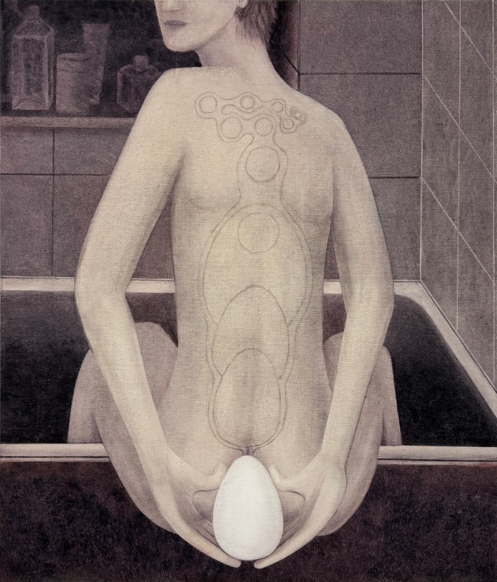Drawing of a naked man sitting down seen from behind about to insert an egg into his bottom
