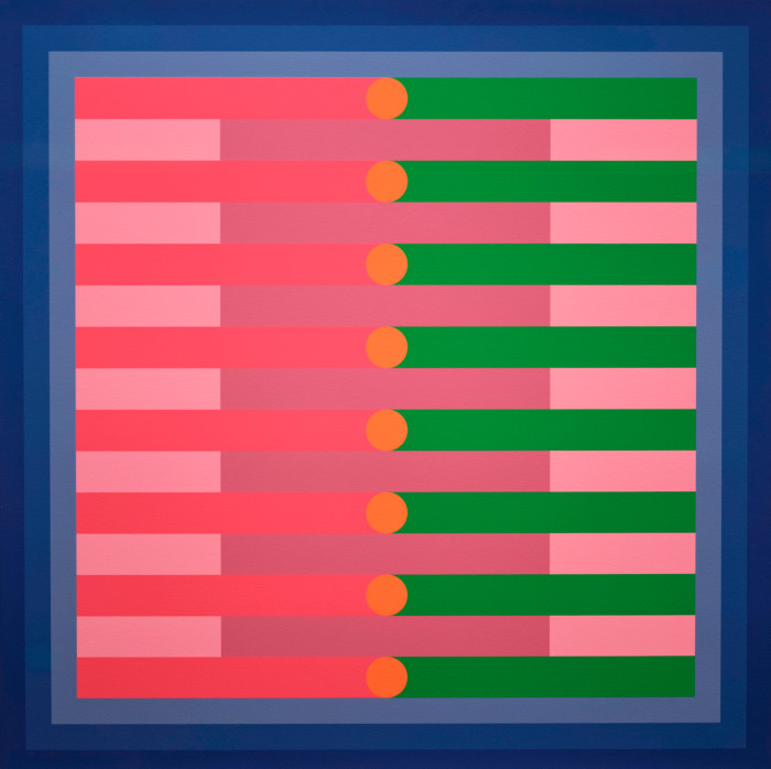 Red and green lines meet in orange circles in a square blue panel
