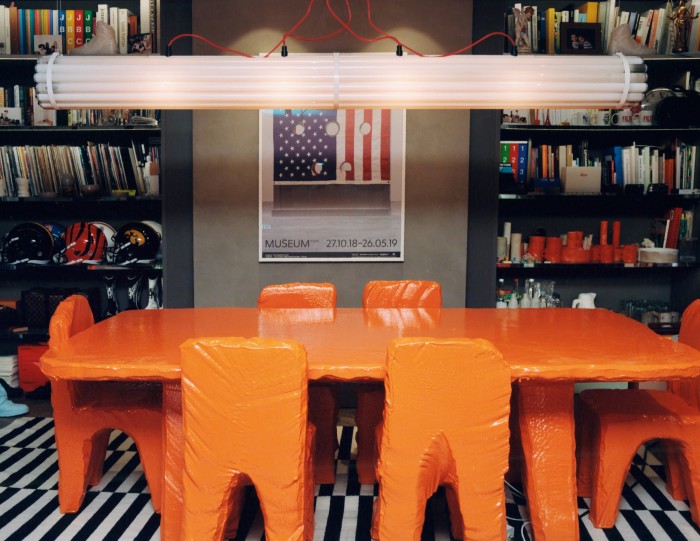 The studio features furniture in Abloh’s favourite orange