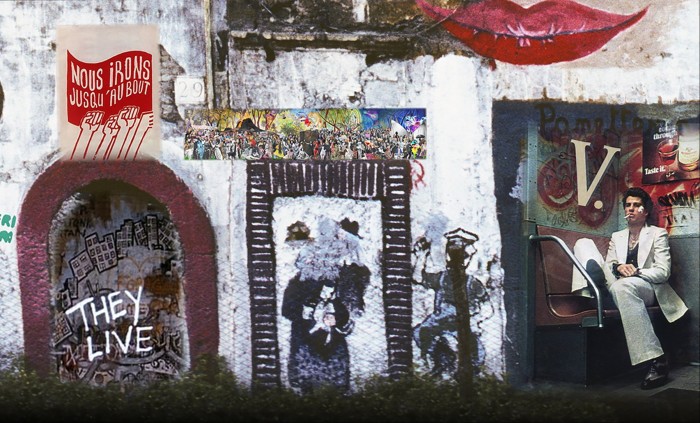 A white wall with various graffiti-like images and a photo of a man in a white suit from the 1970s