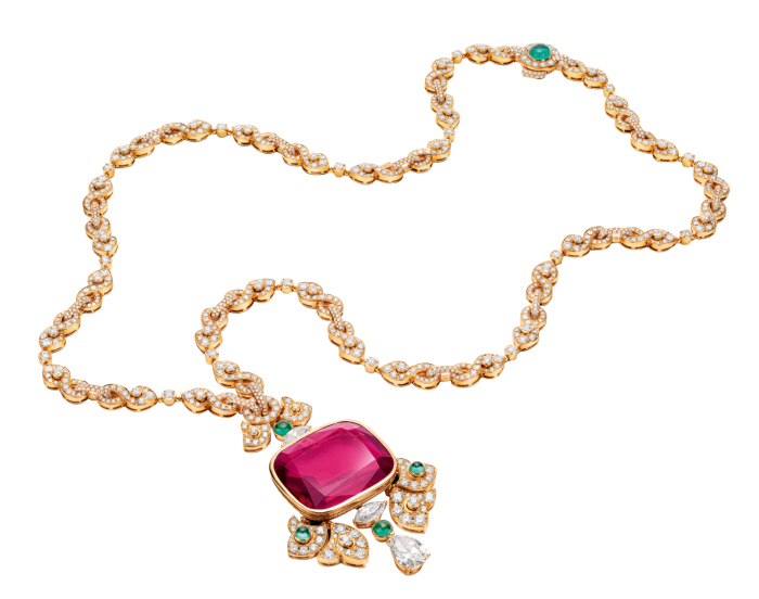 Bulgari Barocko gold, 58ct rubellite, emerald and diamond Pink Twist necklace, POA