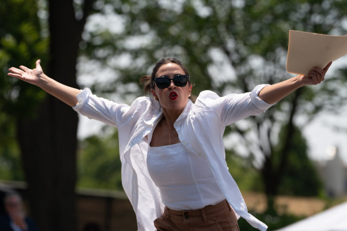 Alexandria Ocasio-Cortez at the rally in New York on Saturday