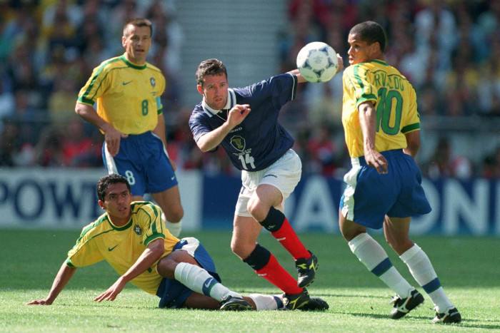 Paul Lambert playing for Scotland against Brazil in 1998