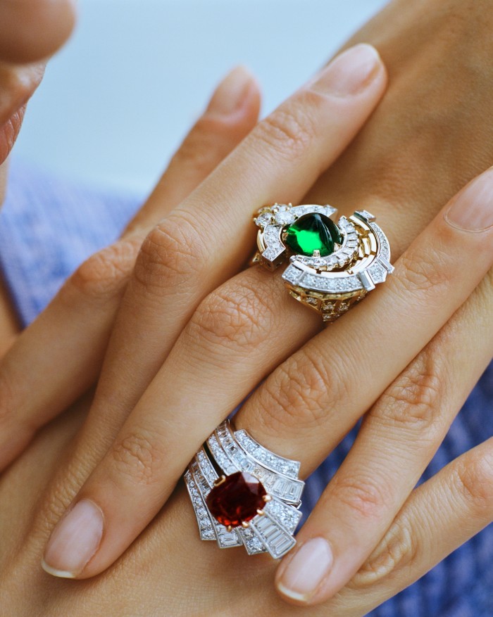 From top: yellow- and white-gold, diamond and emerald Teatro ring. White- and rose-gold, diamond and ruby Palazzo ring. Isabel Marant merino wool dress, £760
