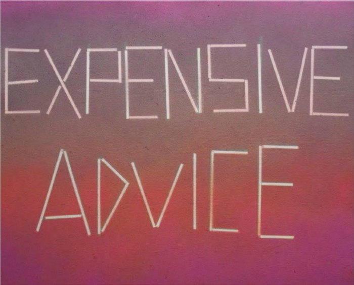 The text ‘Expensive Advice’ is rendered in a stylised font against a gradient pink background 
