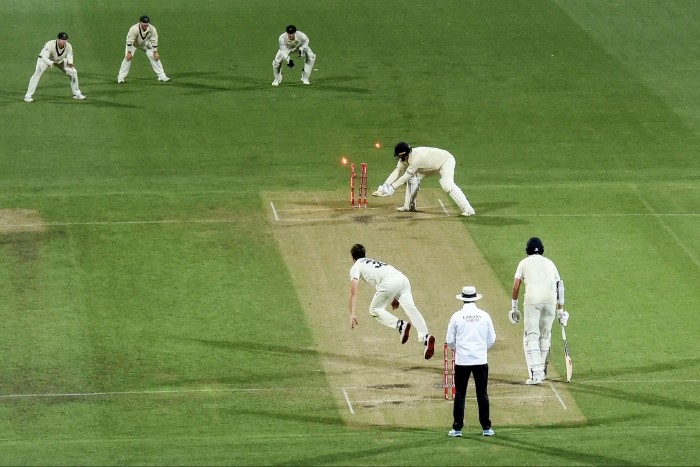 Ollie Robinson is bowled in the fifth Ashes Test at Hobart January 2022