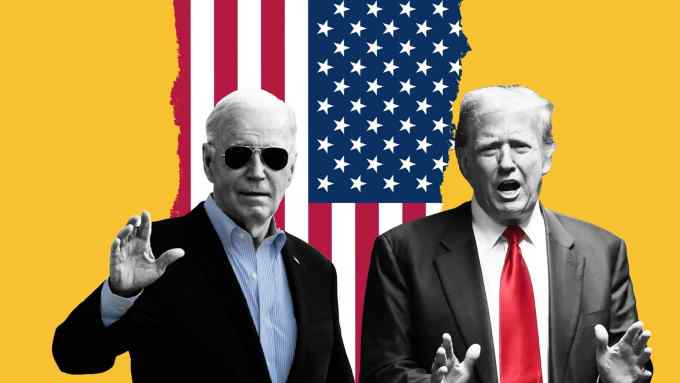 Montage of Joe Biden and Donald Trump and US flag