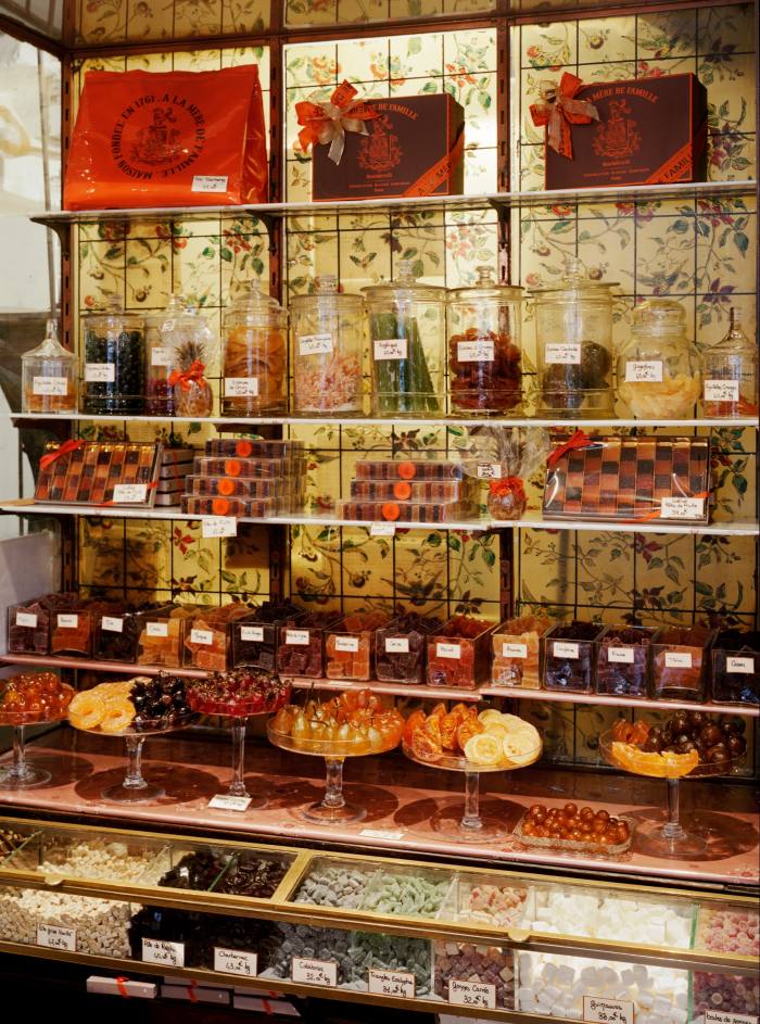 Candied fruits and confectionery in the glass counter