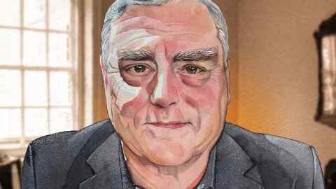 A watercolour portrait of US general  Mark Milley in a room with a multi-pane sash window behind him